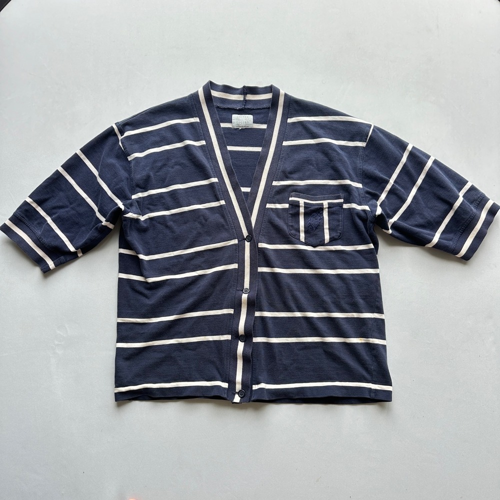 United Colors of Benetton Cardigan Sweater XL Navy‎ White Striped Button Italy